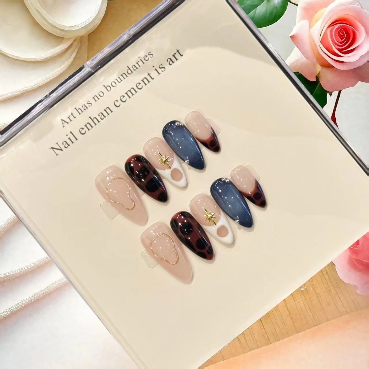 

10 шт. роскошные миндалевидные французские кончики с леопардовым принтом, накладные ногти неправильной формы, накладные ногти ручной работы с инструментами из 4 шт., вкладки для ногтей