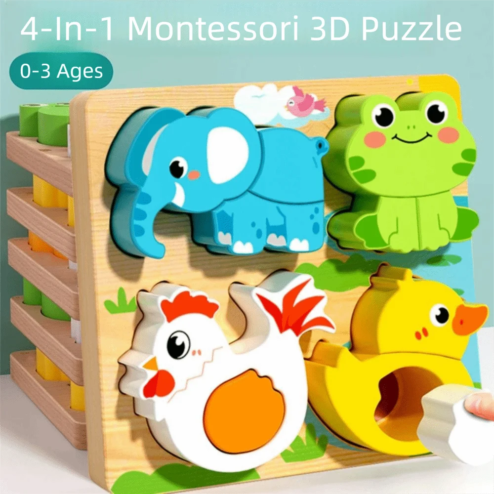 4-in-1 3D Dierenpuzzels Speelgoed Cognitief Karakter Houten Gezicht Veranderende Blokken Montessori Uitdagingen Vorm Matching Game