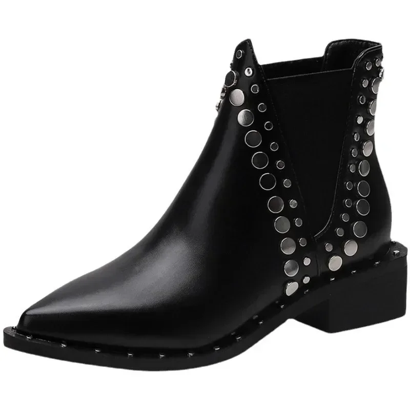 

High Quality Women Shoes Leather Short Boots Women Pointed Chunky Heel Boots Fashion Rivet Ankle Boots Female Platform Heel