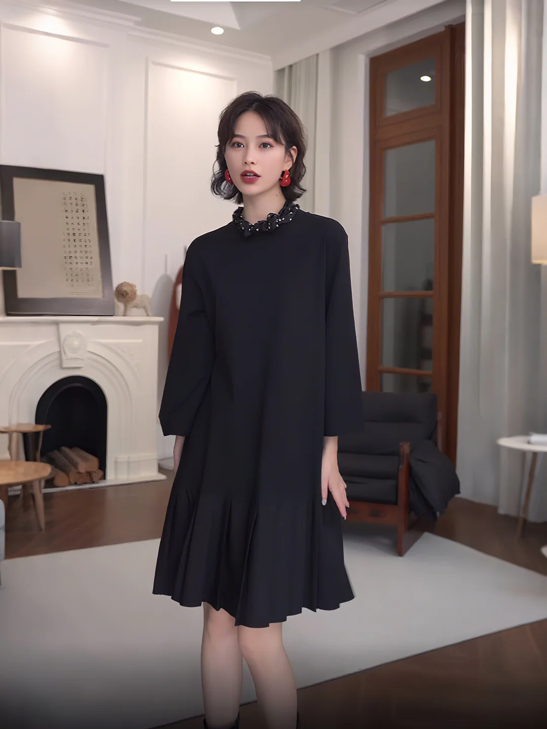 

Heavyweight Large Size Autumn Bla A-Line Dr Slimming Hepburn Sle Casual High Waist Cotton Blend Long Sve Midi Dr