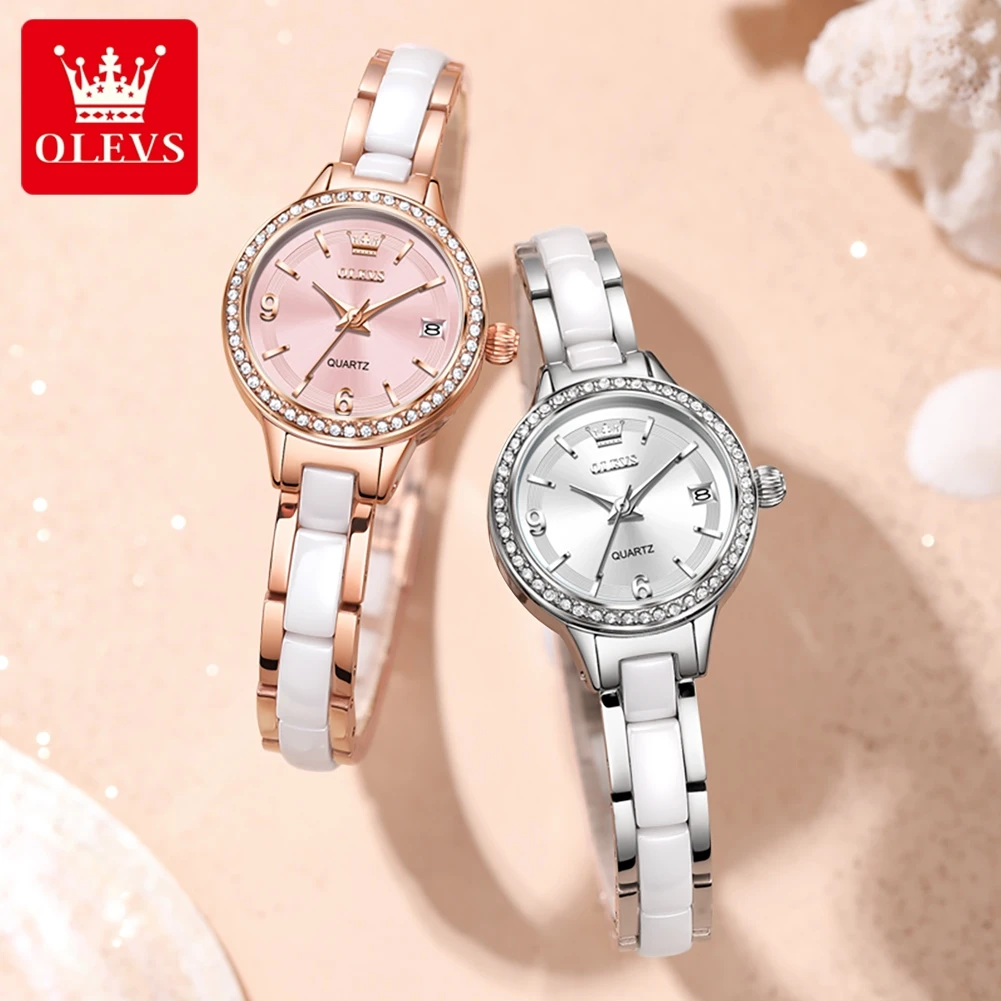 OLEVS 7093 Ladies Watch High Quality Elegant Original Quartz Wristwatch Waterproof Luminous Watches For Woman Ceramics Strap