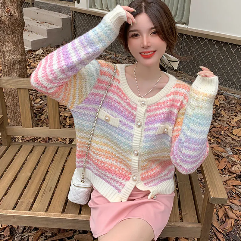 2023 Autumn Rainbow Knitted Cardigan Button Long Sleeve Casual Elegant Sweater Female Kawaii Y2k Clothing Korean Style Pullover