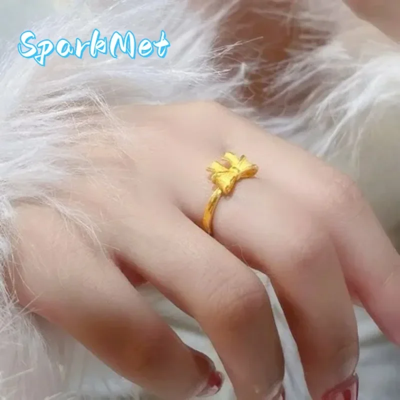 

SparkmetBoutique AU999 gold bow ring princess opening simple female 24K pure gold ring for girlfriend gift