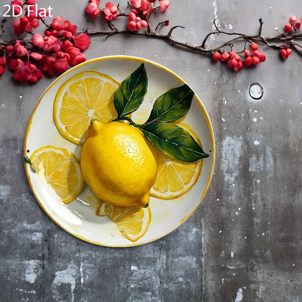 2D Flat - 1pc 2D Flat-Printed Round Iron Metal Sign Measuring 7.87 X 7.87 inch, Featuring a Vintage Lemon Design. This Retro Cit