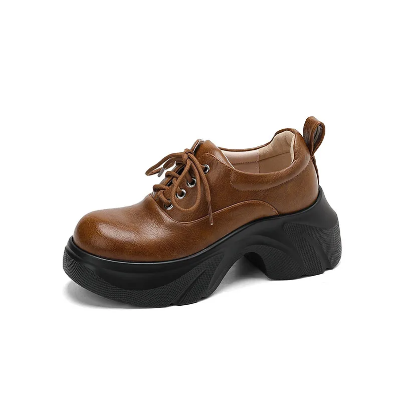 

Brown Women's Thick Sole Lace-Up Shoes Sturdy High Heels Comfortable Large Size Platform Female Footwear PHOENTIN FT4211