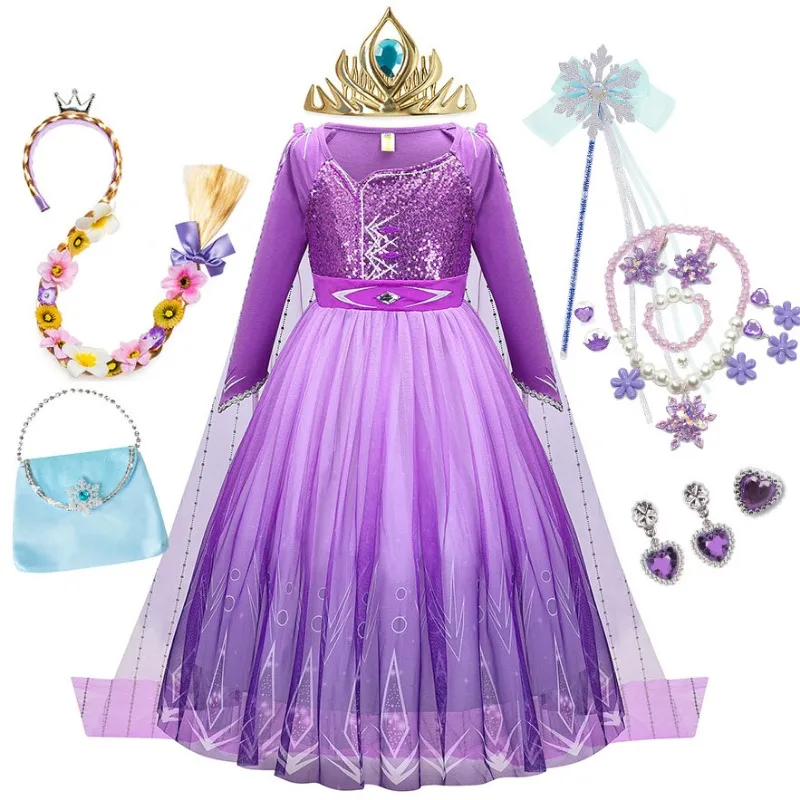 

Disney 2022 New Elsa Purple Child Girl Princess Dress Halloween Party Cospaly Queen Costume Kids's Tango Dresses Birthday Gifts