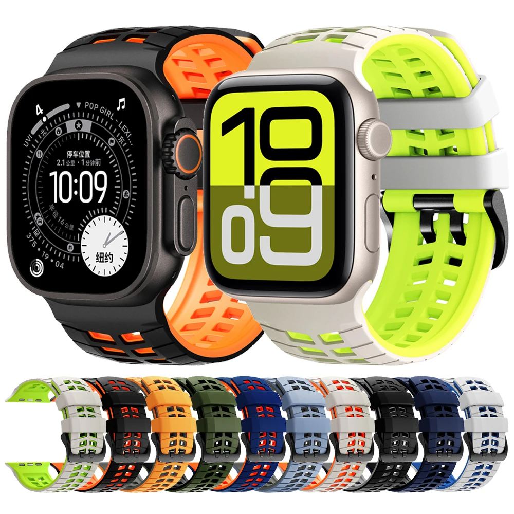 Atmungsaktives Silikonarmband für Apple Watch Armband 44mm 45mm 46mm 49mm Sportarmband iWatch Serie 11-10-9-8 7 6 5 4 SE-Ultra 2/3