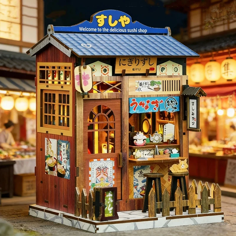 

OUZEY 3D Wooden Sushi Restaurant Miniature Model Kits with Furniture LED Lights Dollhouse DIY for Friends Birthday Gifts