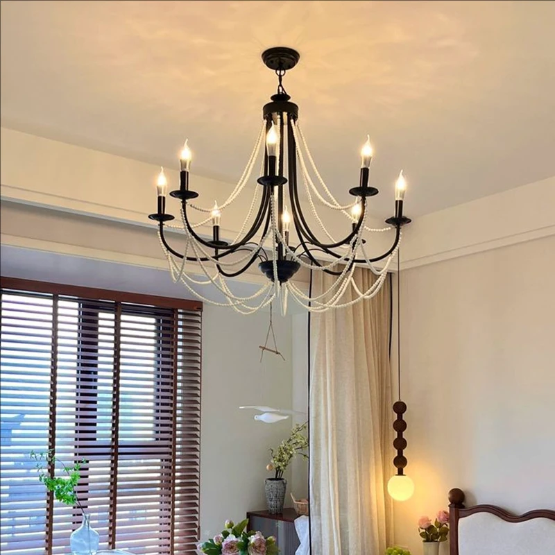 

Retro American Wrought Iron Wood Bead Pendant Light for Living Room Dining Room Bedroom Creative Candle Lighting Fixture