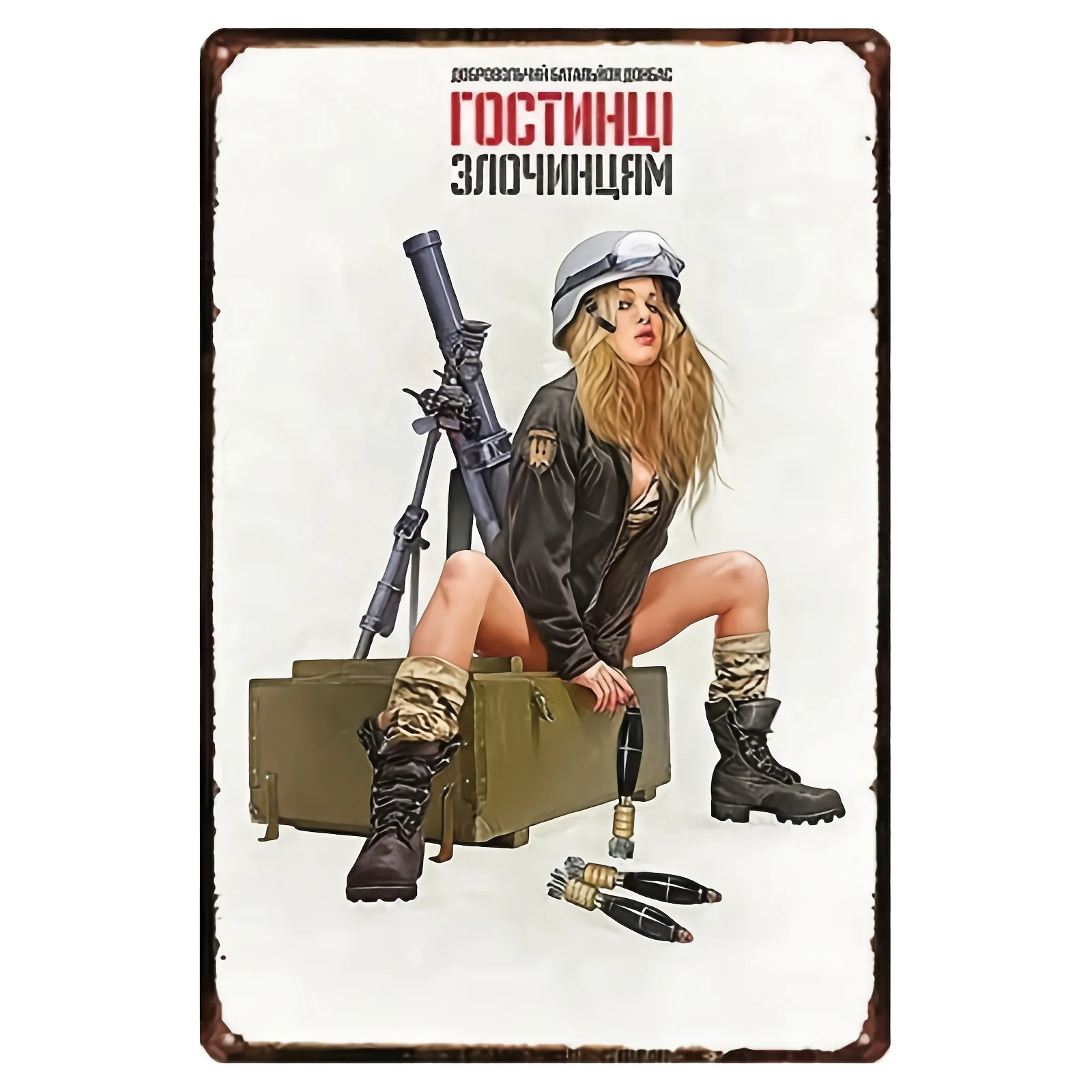 Eclectic Style Vintage Metal Sign, Russian Pin-Up Girl with Guns, Multipurpose Wall Hanging Decor for Home, Bar, Club, Pub - ,