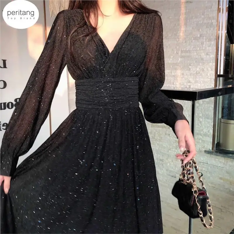 

Vintage Glitter Long Maxi Dress Women Spring High Waist Long Sleeve Elegant Boho Dress Shiny Party Dress Sexy Female