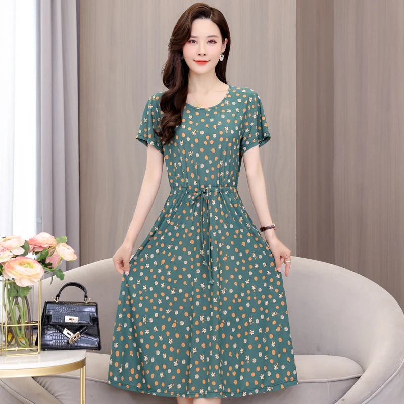 

Summer Dresses for Women 2023 New Casual Short Sleeve Vintage Dress Korean Style Middle-aged Woman Clothing High Quality