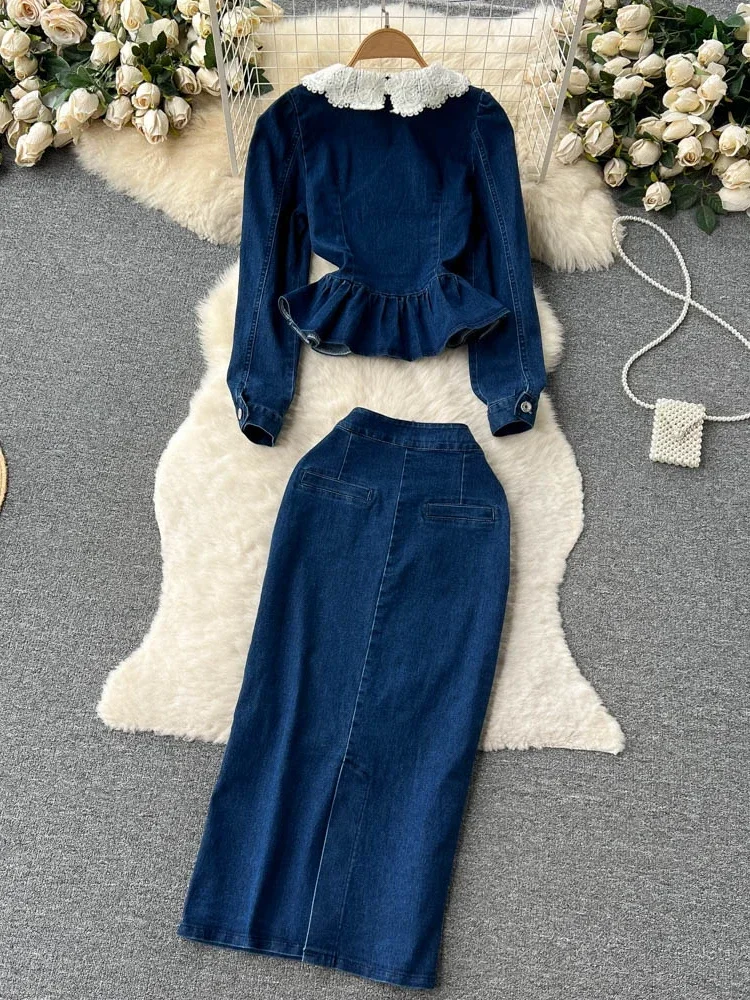 Dolce Casual Denim 2 Pezzi Set Donne Solido Colletto Peter Pan Fiore di Pizzo Gonna di Jeans Abiti Vintage Femminile Estate Autunno 2024 Nuovo