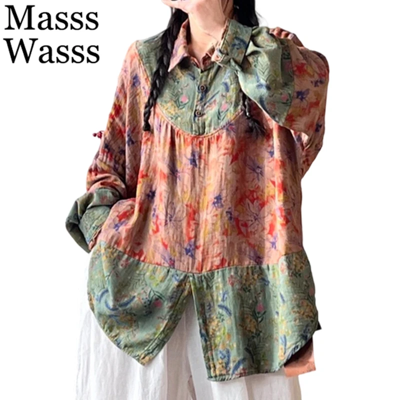 Masss Wasss 2026 Korean Spring Fashion Shirts Women Loose Vintage Floral Blouses Ladies Classic Casual Cotton Linen Printed Tops