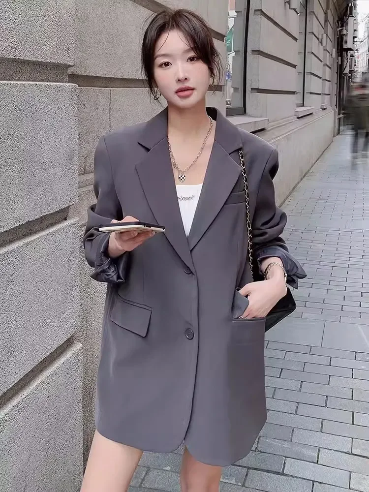 

Lnsozkdg Grey Long Sleeve Suit Jacket Women 2024 Spring/Autumn New Niche Design Korean Style Back Split Casual Blazers Hot Sale