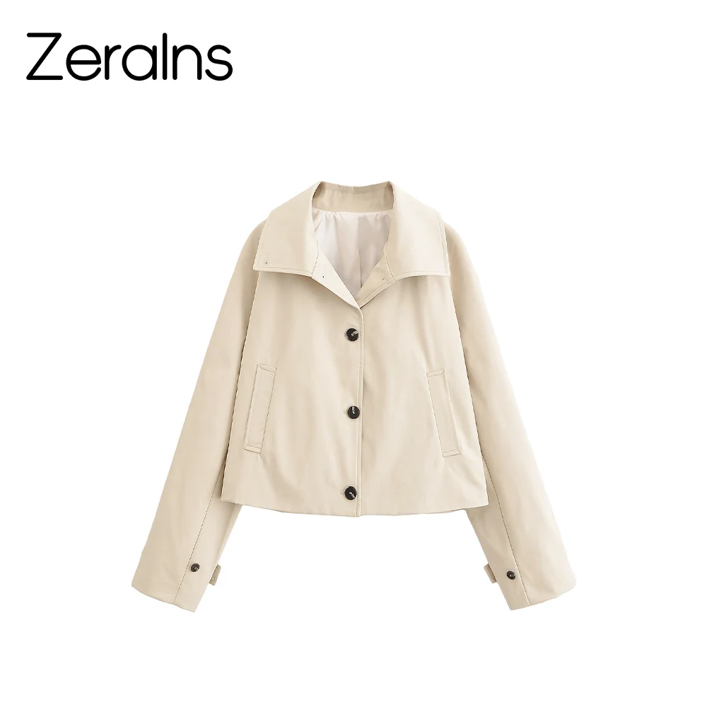 

ZERAINS 2025 Autumn New Product Women's High Collar Long Sleeve Short Style Button Strap Windbreaker Cotton Coat