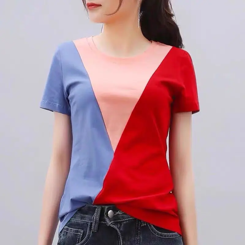 

Fashion O-Neck Spliced Short Sleeve All-match Color Blouse Female Clothing 2023 Summer New Casual Pullovers Loose Korean Shirt