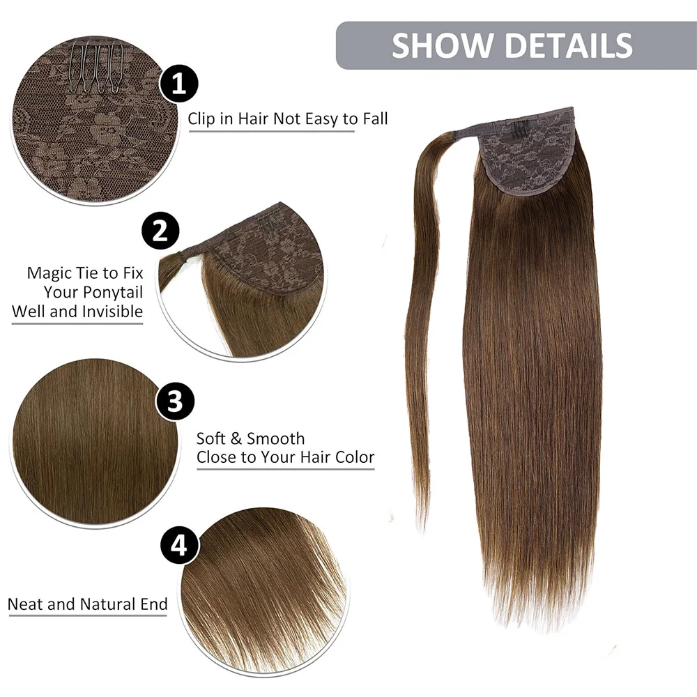 Paardenstaart Hair Extensions Menselijk Haar Maagdelijk Haar Rechte Wikkel Magische Pasta Rond Paardenstaart Hair Extensions Voor Aziatische Vrouwen #4