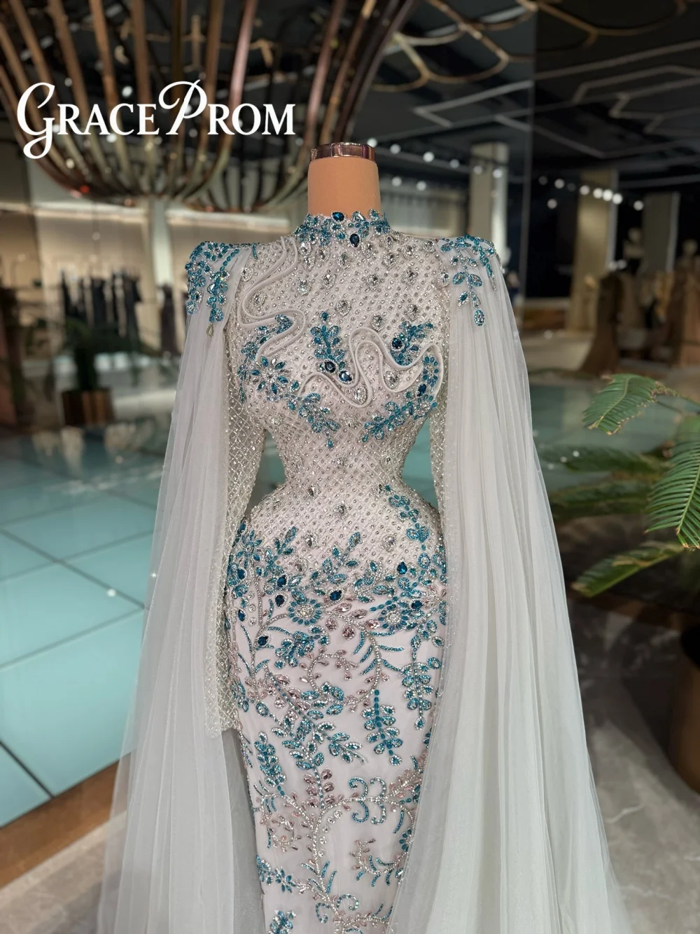 

GraceProm High Neck Cape Mermaid Evening Dress 2026 Blue Floral Beaded Gown Luxury Floor-Length Prom Gown robes de soirée