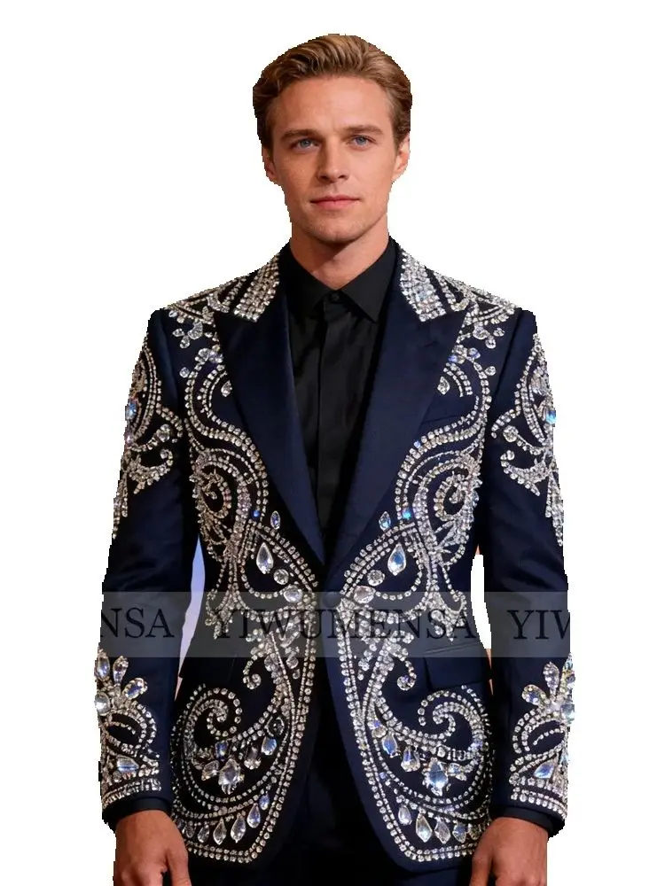 

Male Chic Beaded Stones Suits Men Plus Size Single Breasted Jacket Pants 2 Piece Sets Customized Groom Banquet Wedding Tuxedos