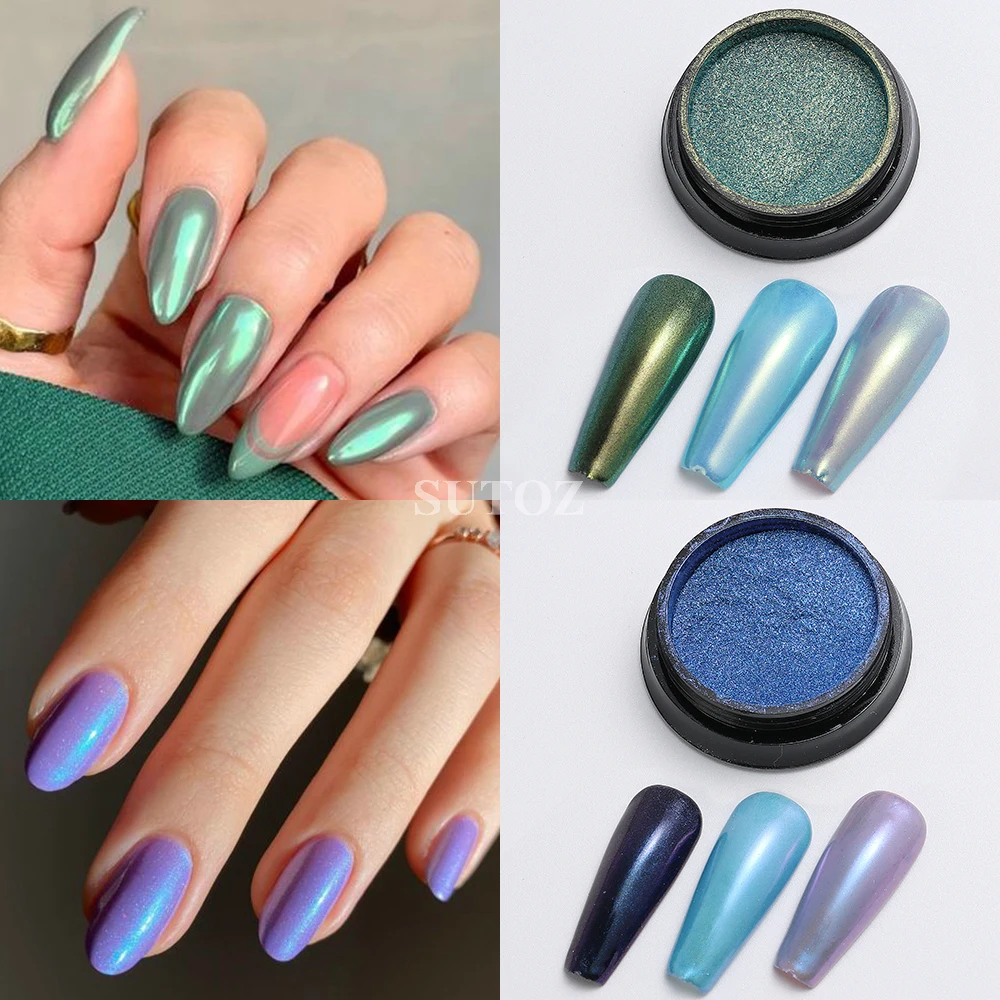 Polvo de cromo Aurora para uñas, polvo de frotamiento de sirena azul, efecto espejo camaleón para uñas, pigmento de brillo fino, Material de manicura BBX