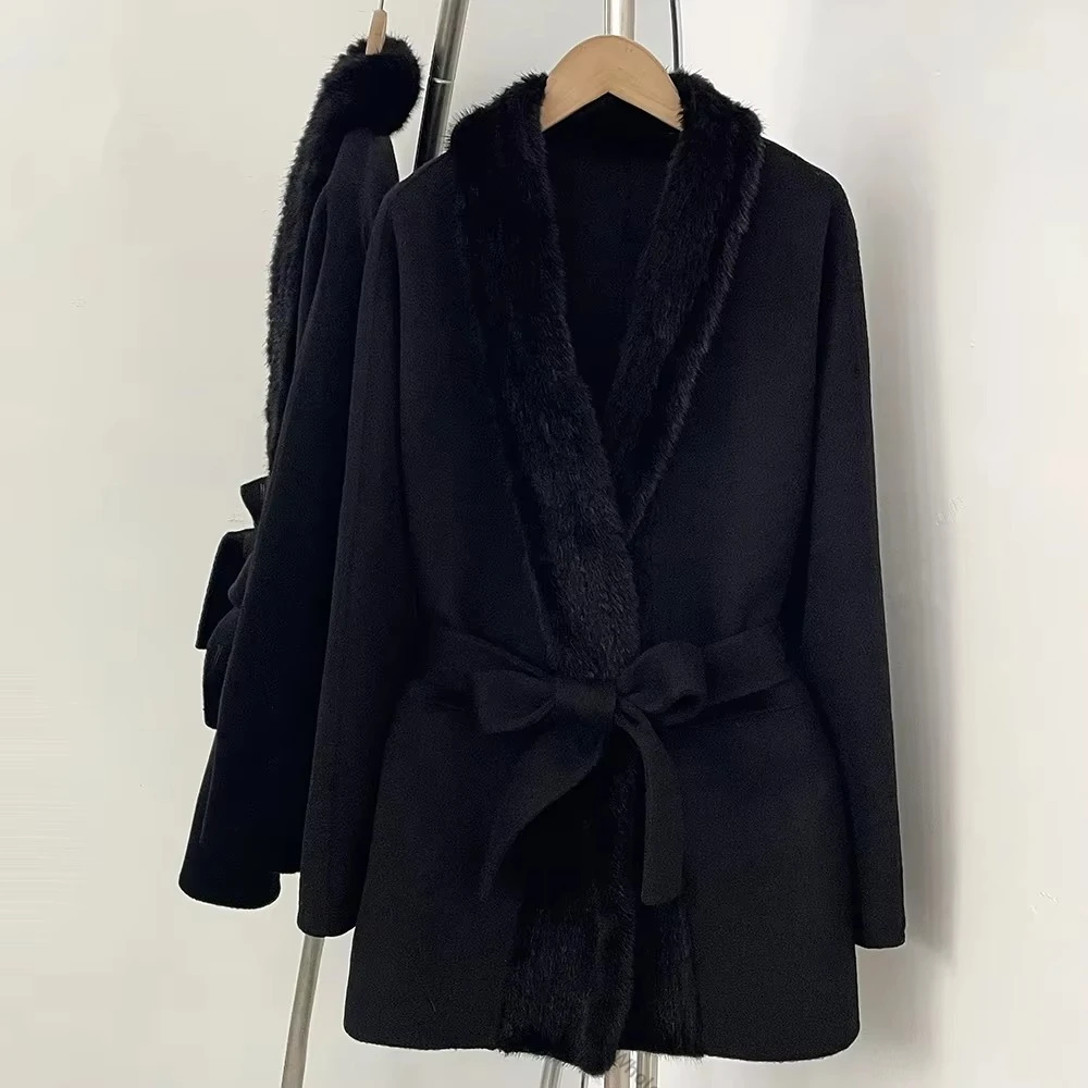 Women's Elegant Fur Collar Wool Coat Classic Fur Coat with Fur Collar Tie Waist Luxurious Touch Wool Blend Coat for Office Wear
