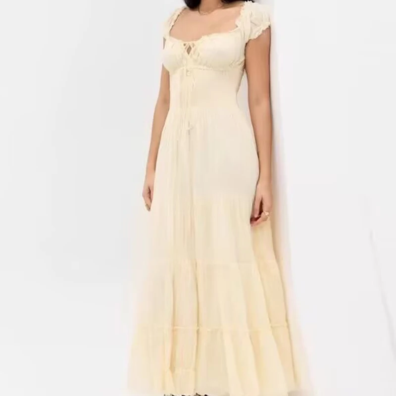 French Style Solid U-Neck Summer Dresses 2025 Women Short Sleeve A-line Casual Beach Boho Holiday Dress Elegant Lady Robe