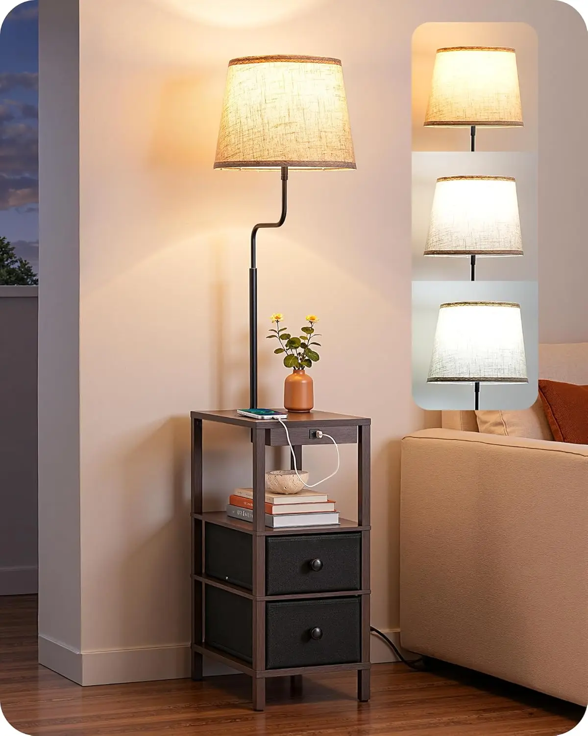 

Dimmable Floor Lamp with Shelves, USB Charging, Remote Control, Farmhouse Standing Light for Living Room, Bedroom, Dark Walnut