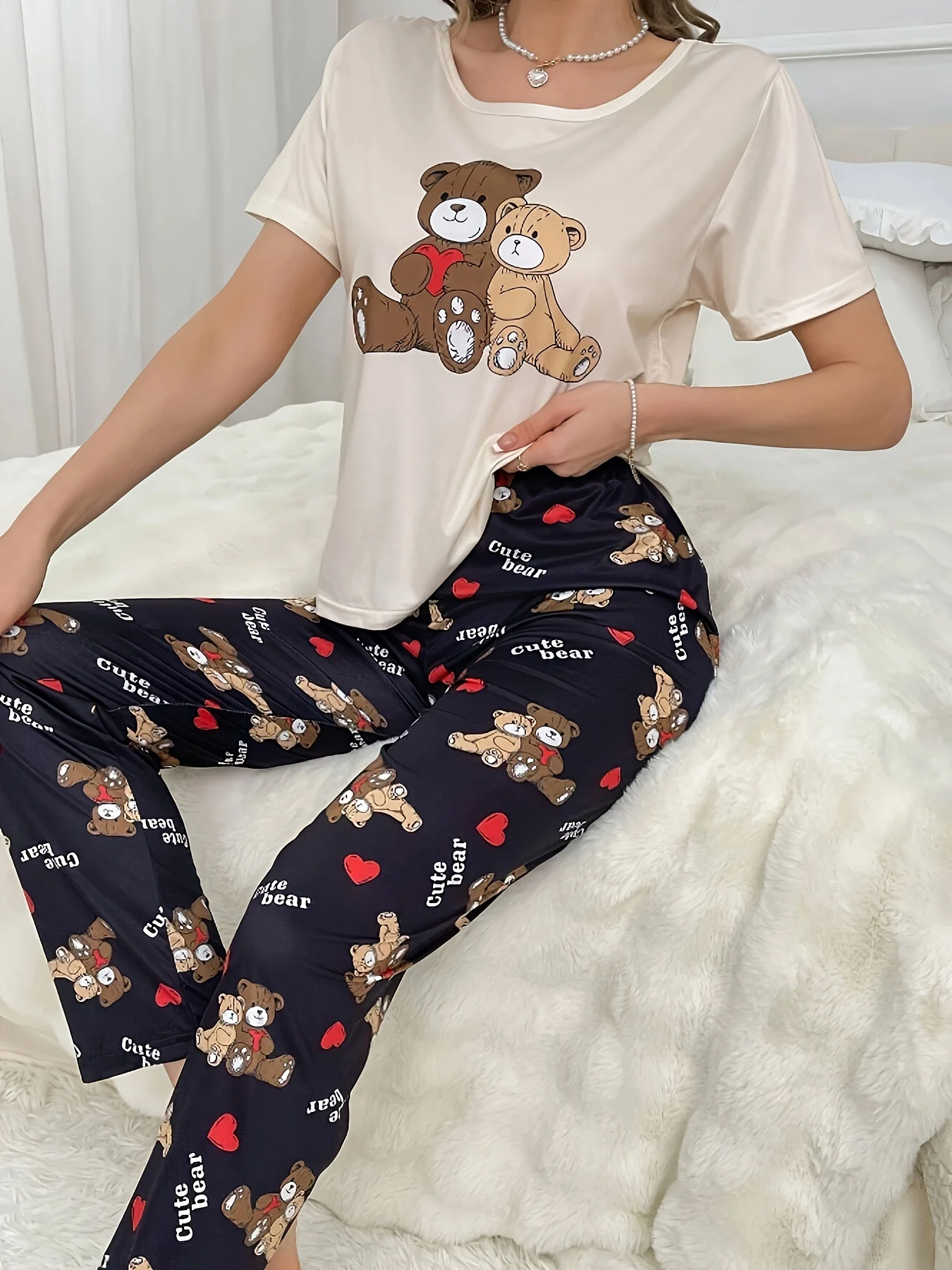 حجم قياسي المرأة أربعة مواسم الربيع والصيف عادية فضفاض عادية الكرتون المطبوعة قصيرة الأكمام السراويل المرأة منامة مجموعة #1