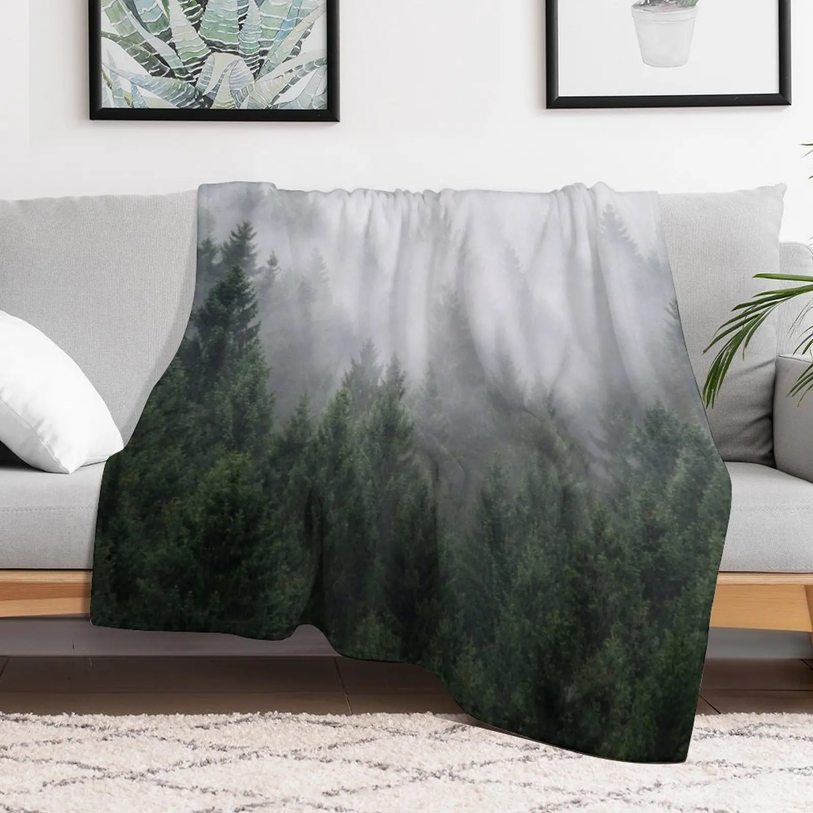 Home Is A Feeling // Misty Retro Fall Wilderness Fairytale Evergreen Forest With Trees Covered In Magic Fog Season Throw Blanket