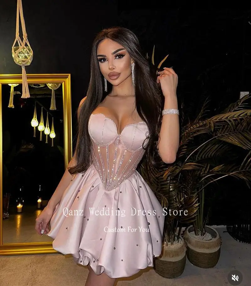 Qanz Short Black Evening Dresses Robes De Soirée Cocktail Dress Crystals Sweetheart Mini Party Dress Girls Prom Gown Customized