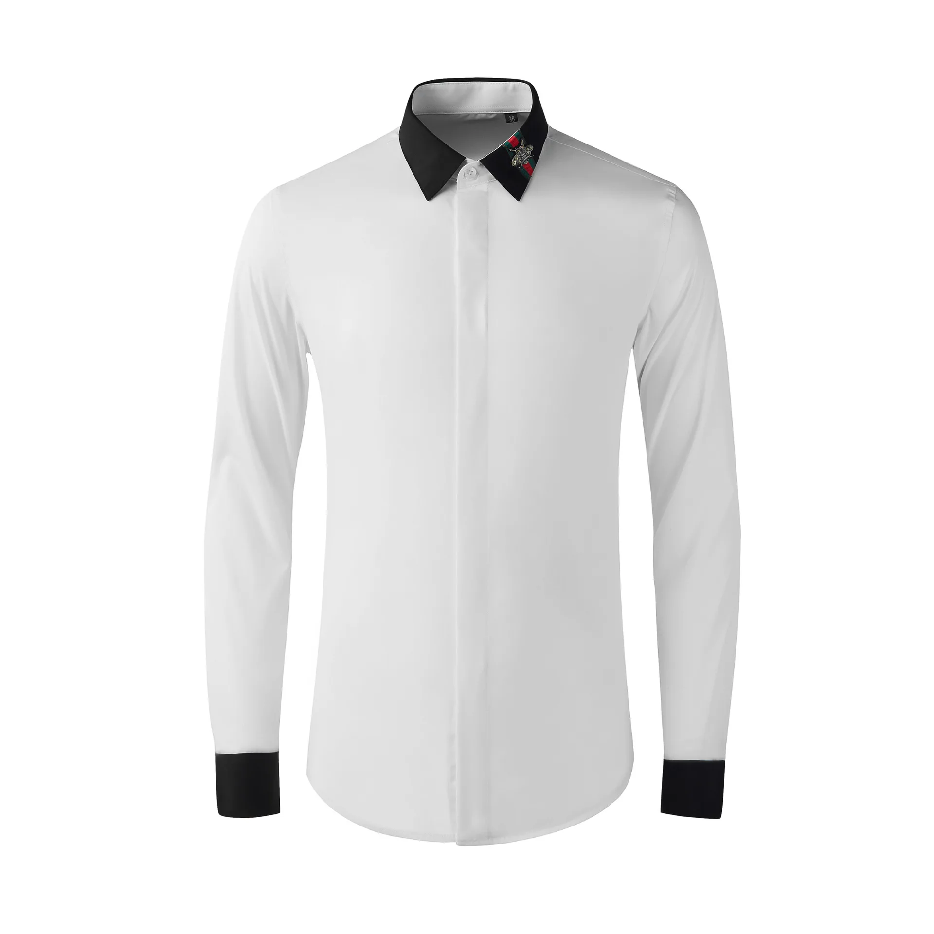 Collar splicing color blocking long sleeved men's shirt, personalized slim fit and handsome outfit