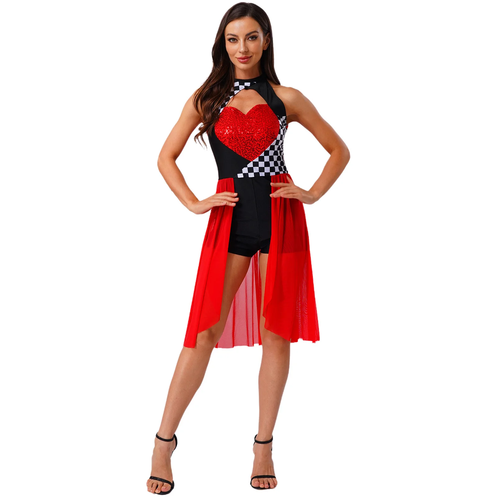 

Women Racer Driver Red Heart Queen Cosplay Costume Sleeveless Checked Shiny Sequin Leotard Dress for Halloween Carnival Party