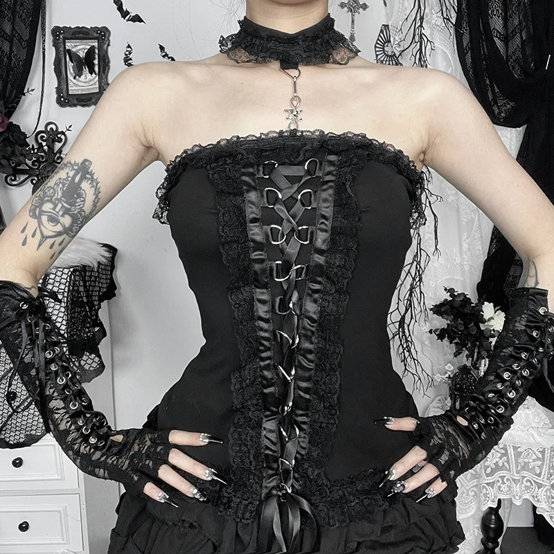 Goth Dark Sweet Lace Patchwork Strapless Corset Tops Slim Bandage Backless Tank Top Women Streetwear Mall Gothic Crop Vests 2025