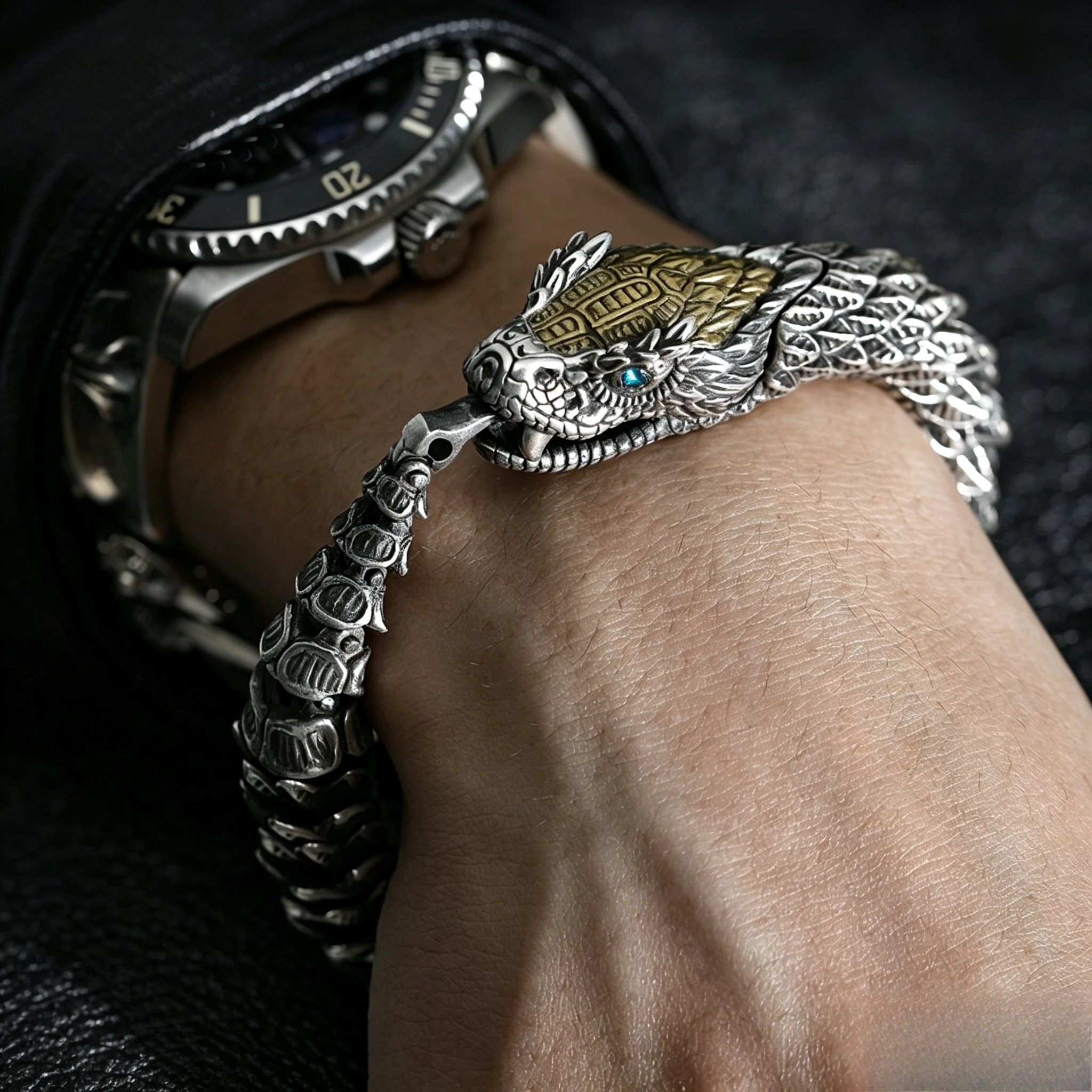 Men Vintage Two‑Tone  Scale Snake Bracelet Retro Blue Eye Serpent Link Chain Punk Gothic Statement Wrist Jewelry Party Gift