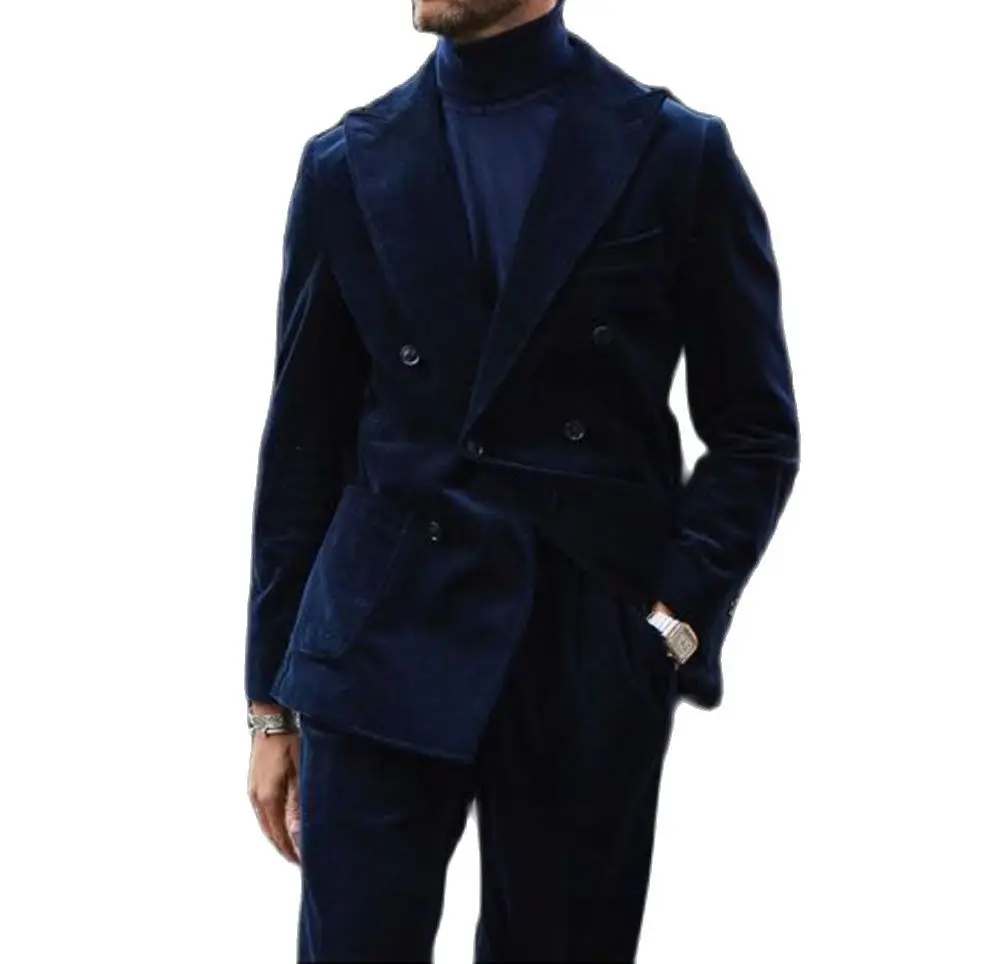 Dark Blue Men Suits Blazer Trousers Winter Thick Corduroy Suit Coat 2pcs Jacket Pants Peak Collar Men\'S Sets Business Suits Wear