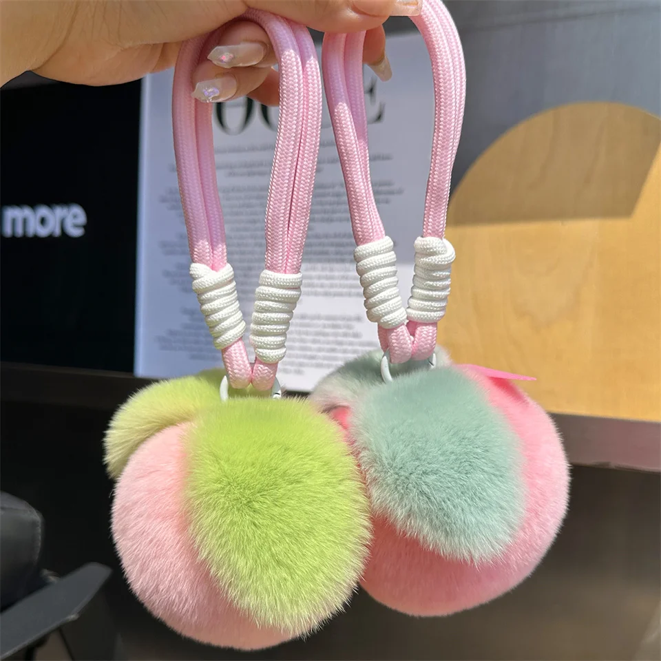 

Real Rabbit Hair Cute Furry Peach Keychain Charms Plush Keychains for Woman Fur Pompom Car Key Chain Bag Decoration Pendant Gift