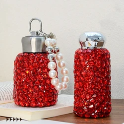 Natal Year Red Crystal Diamond Thermos Mug Hand-inlaid Rhinestones Pearls Stainless Steel Portable Vacuum Flask Water Bottles