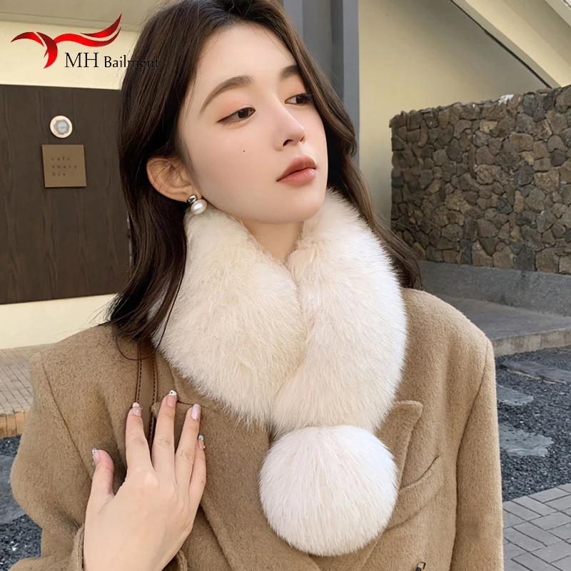 

Зимний теплый шарф из лисьего меха, модный универсальный короткий стильный шарф с большой шариком и магнитной присоской, пушистый женский темпераментный глушитель