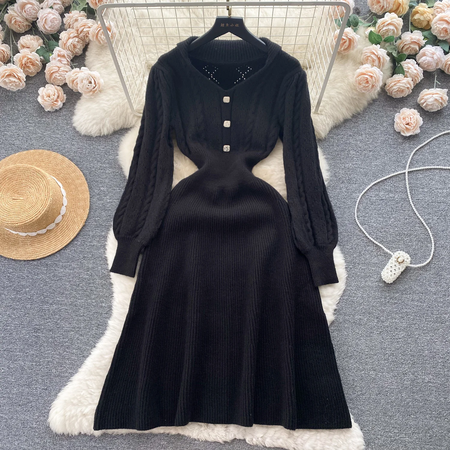 Winter Casual Fashion Vintage Long Sleeved Knitted Sweater Dress Women's Autumn New High Waist Slimming Long Dress