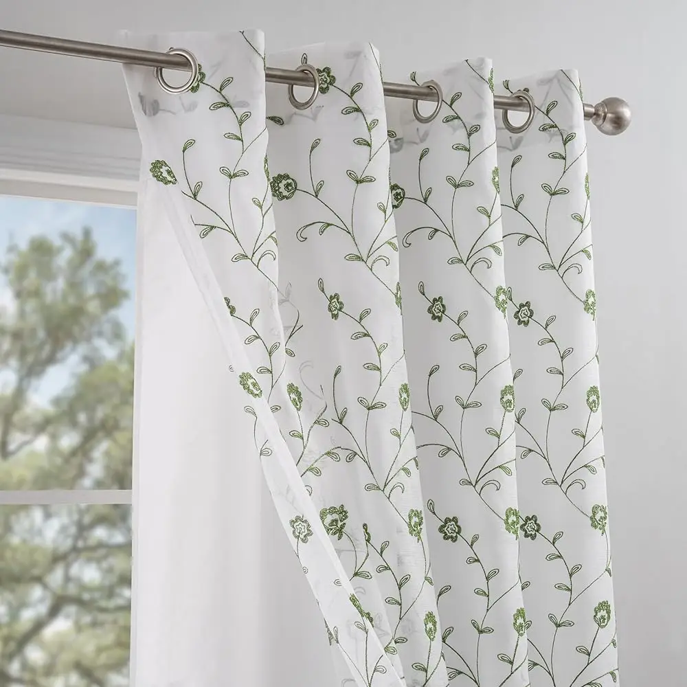 

Полупрозрачные вуалевые шторы цвета шалфейно-зеленый – 140 см (Ш) x 160 см (Д), 2 панели, двухслойный вышитый цветочный дизайн с люверсами, L