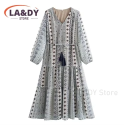 Dress 2024 Spring Summer Woman Fashion V-Neck Bohemian Style Printing Female Casual Long Sleeves Elegance Belt Dresses