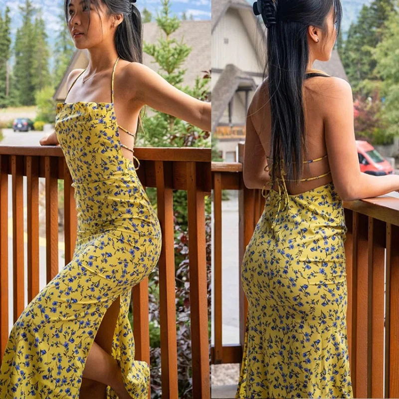 2026 Zomer Vrouwen Bloemen Spaghetti Band Midi Jurk Modieuze Zijsplit Slim Fit Sexy Hot Meisje Vakantie Strand Slip jurken