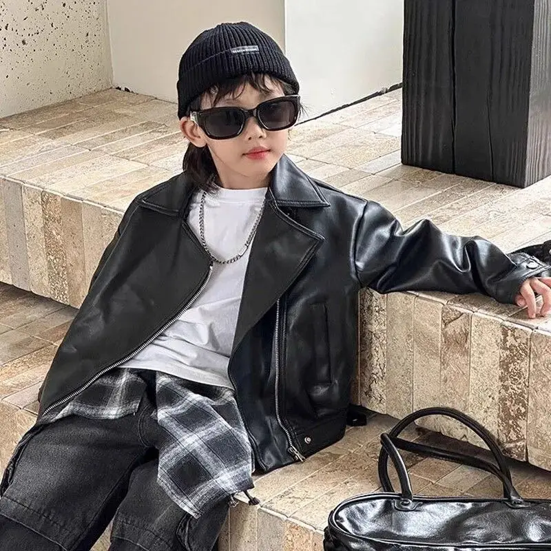 

New Children's Black Leather Jacket Boys Girls PU Coat Spring Autumn Fashionable Casual PU Patchwork Jacket 1-12Yrs