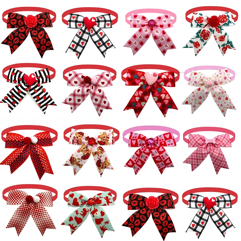 30/50pcs Valentine's Day Pet Product Rose Hairball Style Dog Bowtie Cat Dog Grooming Accessories Adjustable Collar Pet Supplies