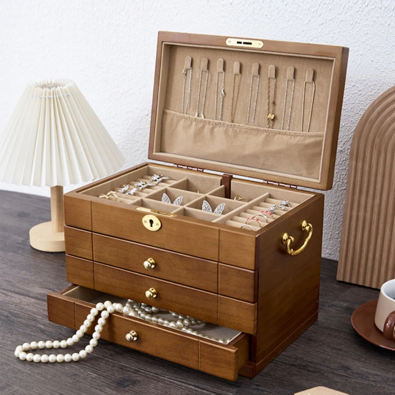 

Drawer Jewelry Box Chinese Style Pine Wooden Organizer Large High Capacity Luxurious Solid Wood for Necklace Earrings