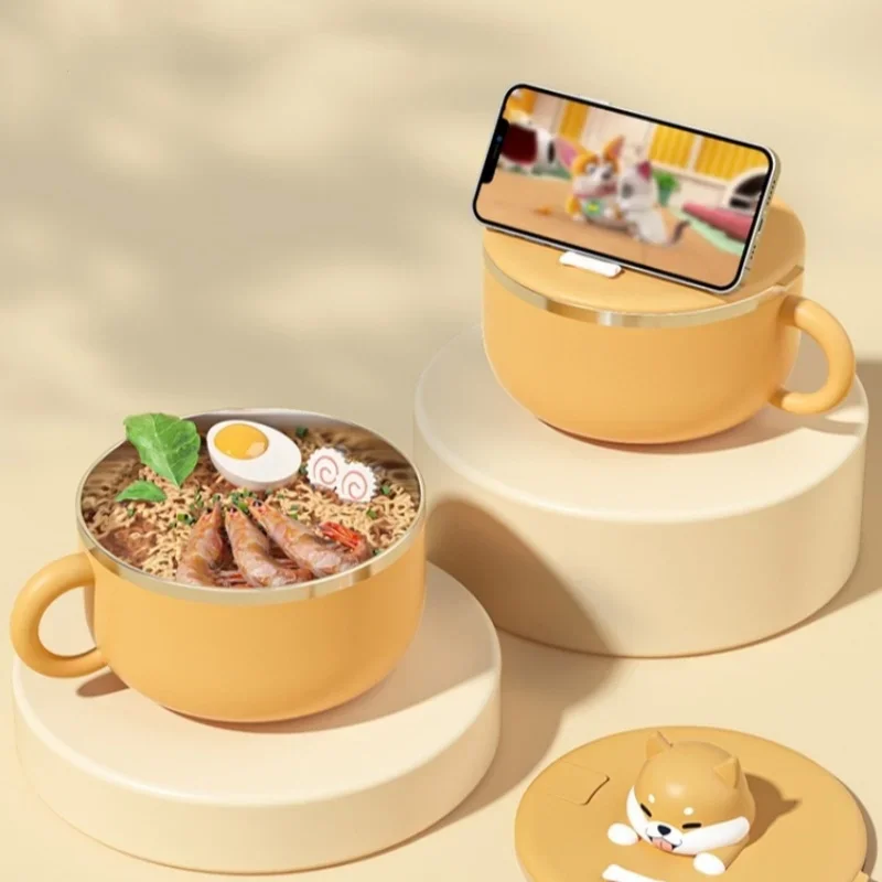 

Миска для лапши быстрого приготовления из нержавеющей стали 304, с держателем для мобильного телефона, функциональной крышкой и отверстием для фильтра, миска для супа для студентов в общежитии