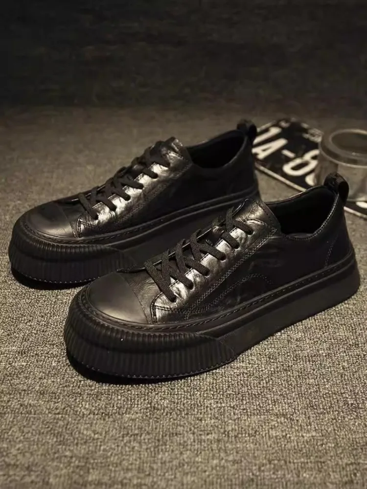 

Mens Black Thick Bottom Casual Walking Shoes Lace Up Spring Autumn High Street Breathable Genuine Leather Flat Platform Sneakers