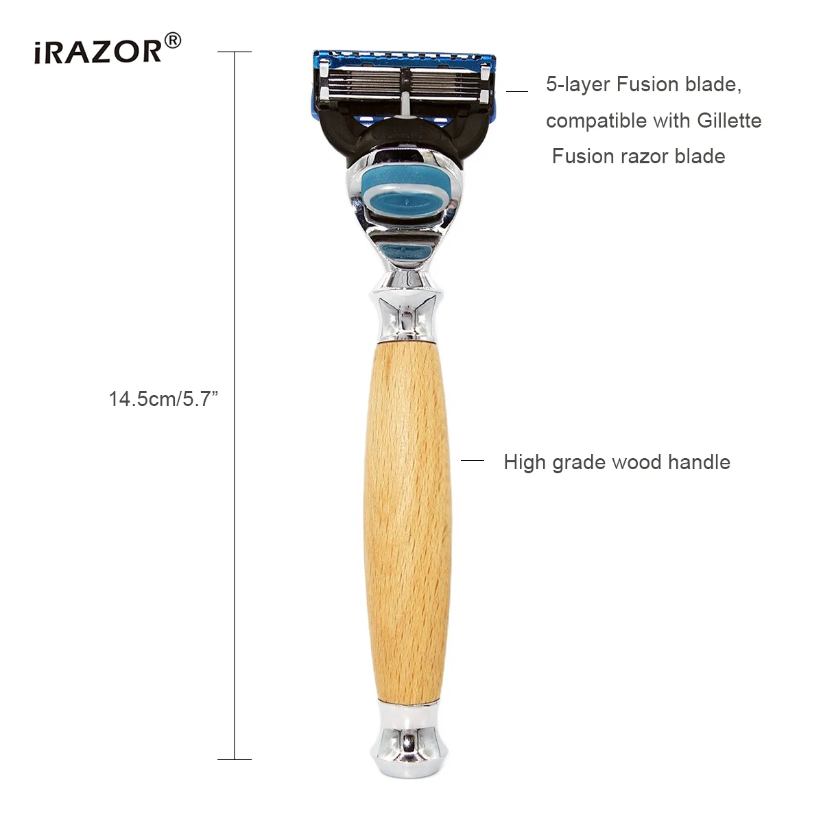 iRAZOR  Professional Fusion 5 Blade Safety Razor with Natural Wood Handle Face Care Beard Manual Shaver for Shaving Men