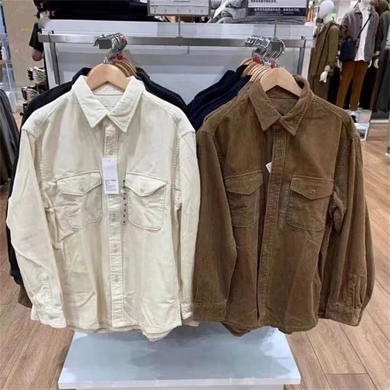 

Corduroy Workwear irt Casual Loose Long Sve Men's Women's irt Coat Comfortable Cotton Pure Color Button Design